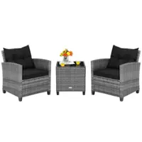 Costway 3 PCS Patio Rattan Furniture Bistro Set Cushioned Sofas Side Table Armrest - Black - Front_Zoom