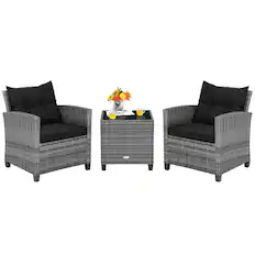 Front. Costway - 3 PCS Patio Rattan Furniture Bistro Set Cushioned Sofas Side Table Armrest - Black.