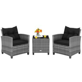 Costway - 3 PCS Patio Rattan Furniture Bistro Set Cushioned Sofas Side Table Armrest - Black