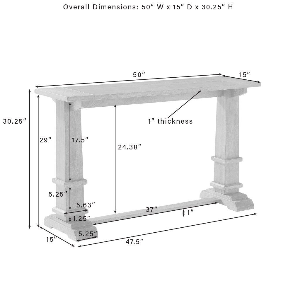 Overall Dimensions: 50" W x 15" D x 30.25" H

- 50"
- 15"
- 30.25"
- 1" thickness
- 29"
- 17.5"
- 24.38"
- 5.25"
- 5.63"
- 1.25"
- 37"
- 1"
- 15"
- 5.25"
- 47.5"