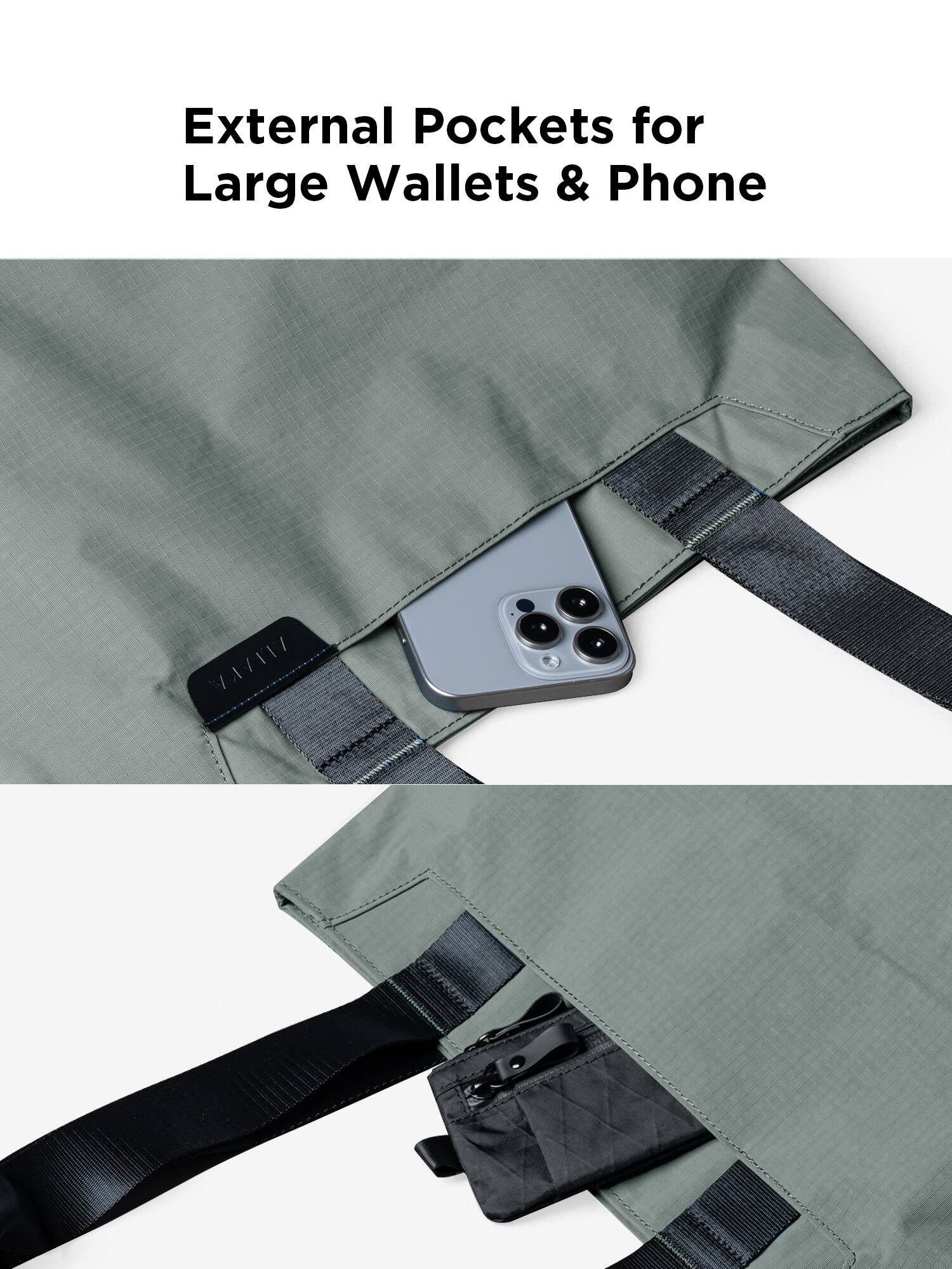 External Pockets for Large Wallets & Phone