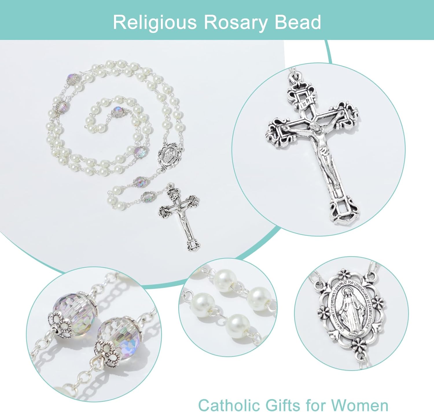 Live At Space 6 MM Pearl Rosary Beads with Crucifix, Catholic Necklace ...