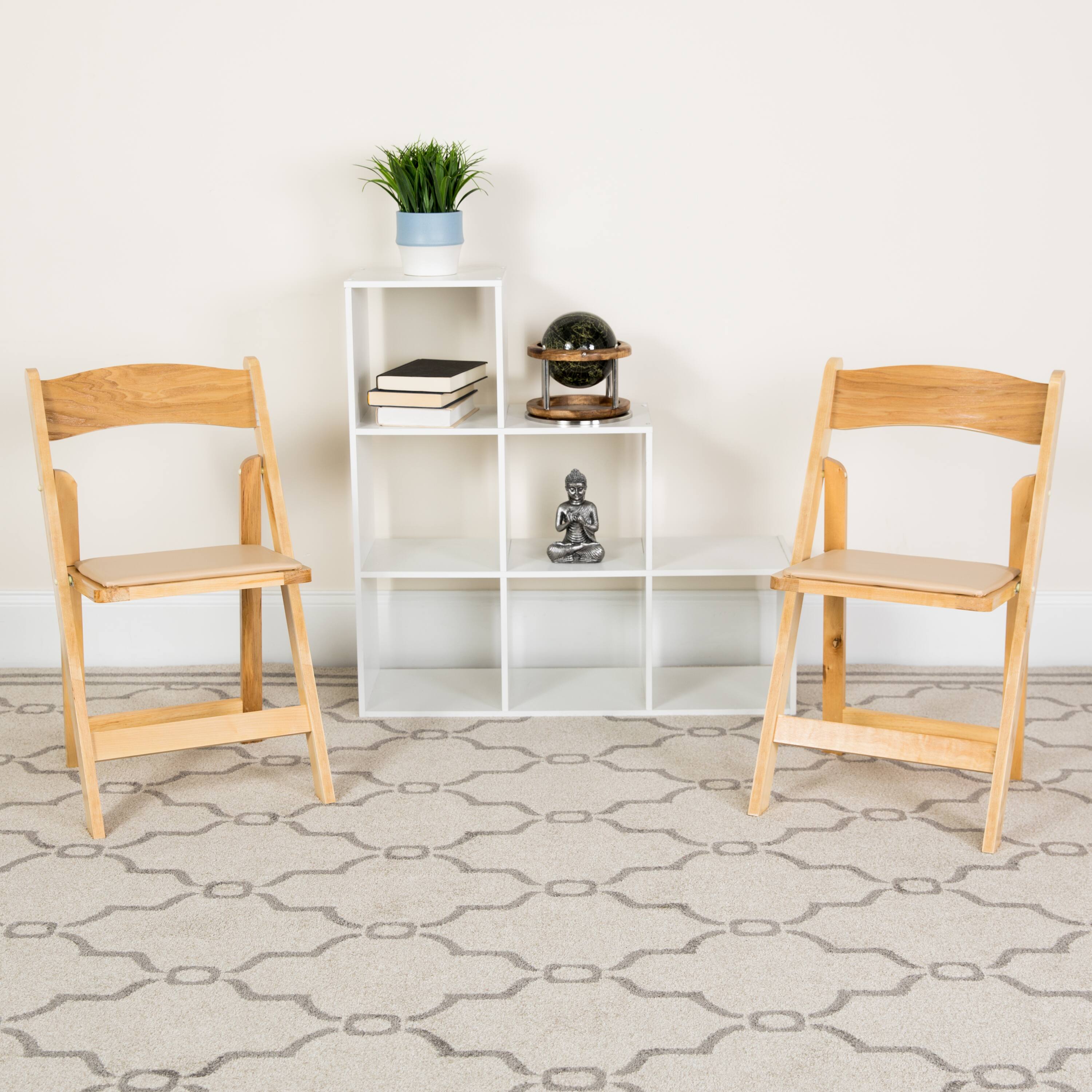 Alt View 2. Emma + Oliver - 2 Pack Wedding Party Event Wood Folding Chair with Vinyl Padded Seat - Natural.