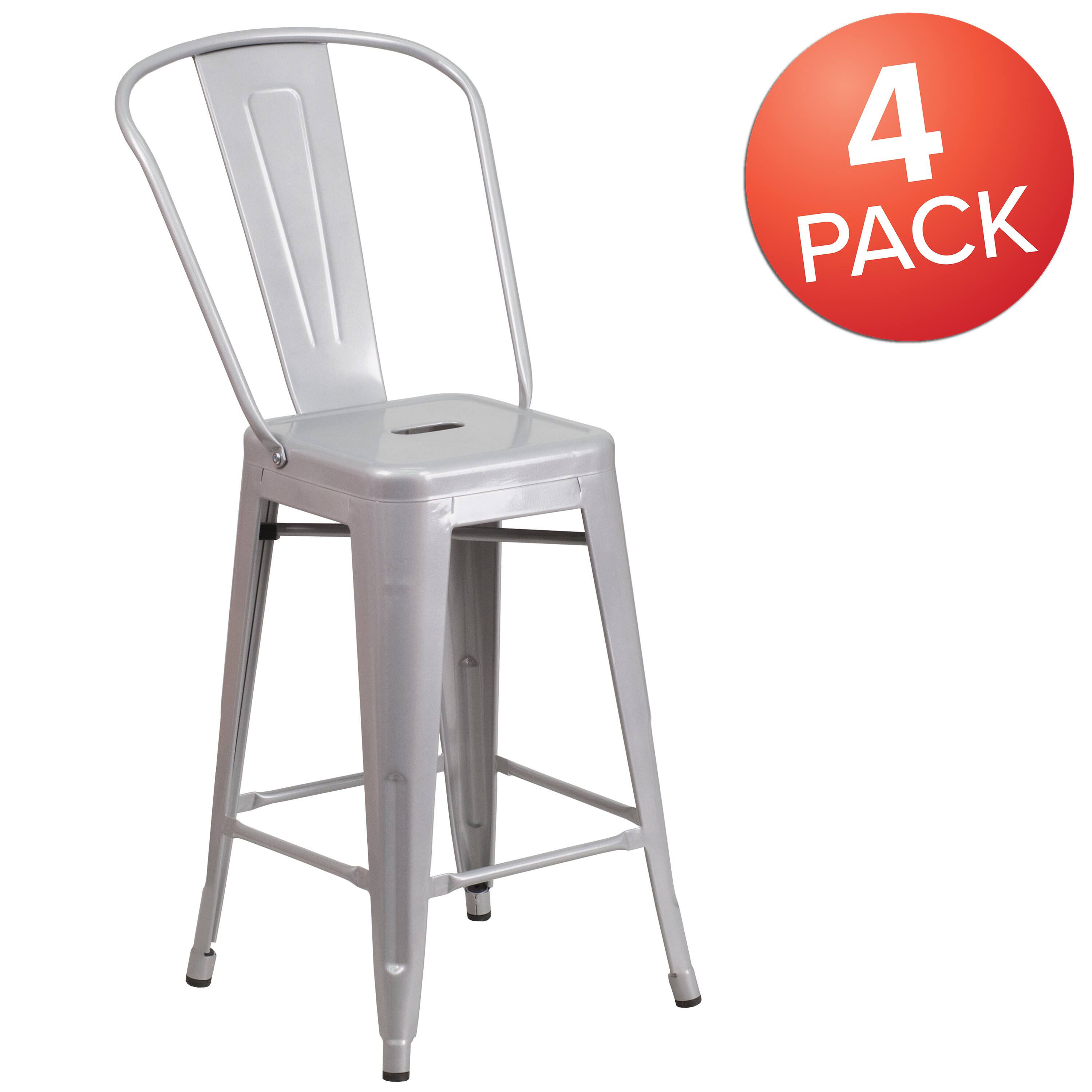 Alt View 1. Emma + Oliver - Commercial Grade 4 Pack 24" High Metal Indoor-Outdoor Counter Height Stool with Back - Silver.