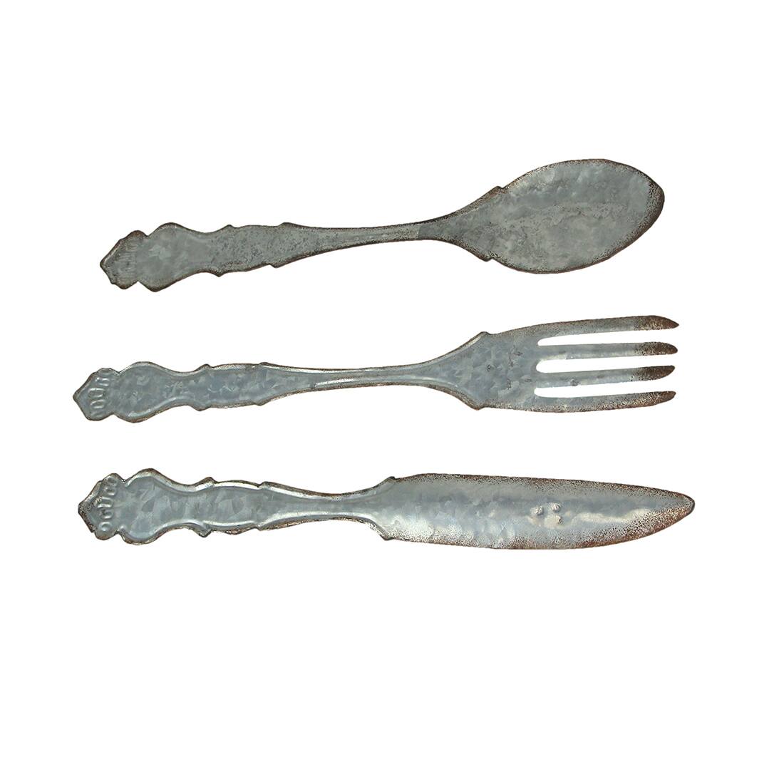 Alt View 5. Zeckos - Giant Galvanized Metal Fork Spoon Knife Farmhouse Decor Kitchen Wall Hanging Set - Gray.