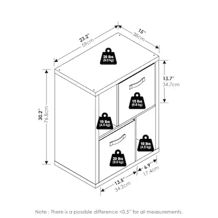 - 23.2" (59cm)
- 15" (38cm)
- 30.2" (76.8cm)
- 13.7" (34.7cm)
- 13.5" (34.2cm)
- 6.9" (17.4cm)
- 20 lbs (9.0 kg)
- 15 lbs (6.8 kg)
- 10 lbs (4.5 kg)
- 10 lbs (4.5 kg)
- 20 lbs (9.0 kg)
Note: There is a possible difference <0.5" for all measurements.