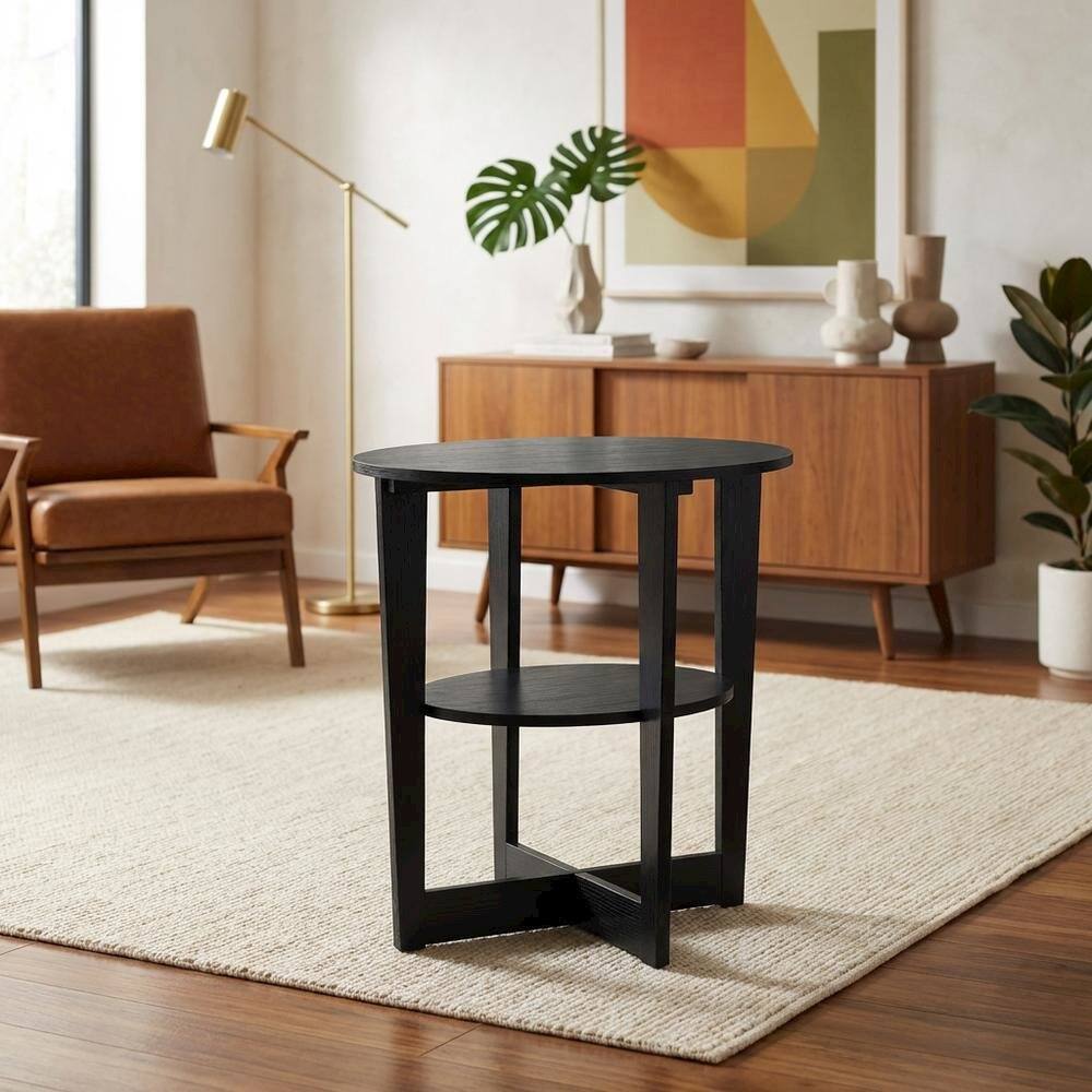 Alt View 3. FurniFact - Walnut Round End Table with Sleek Modern Design for Living Room - Walnut.