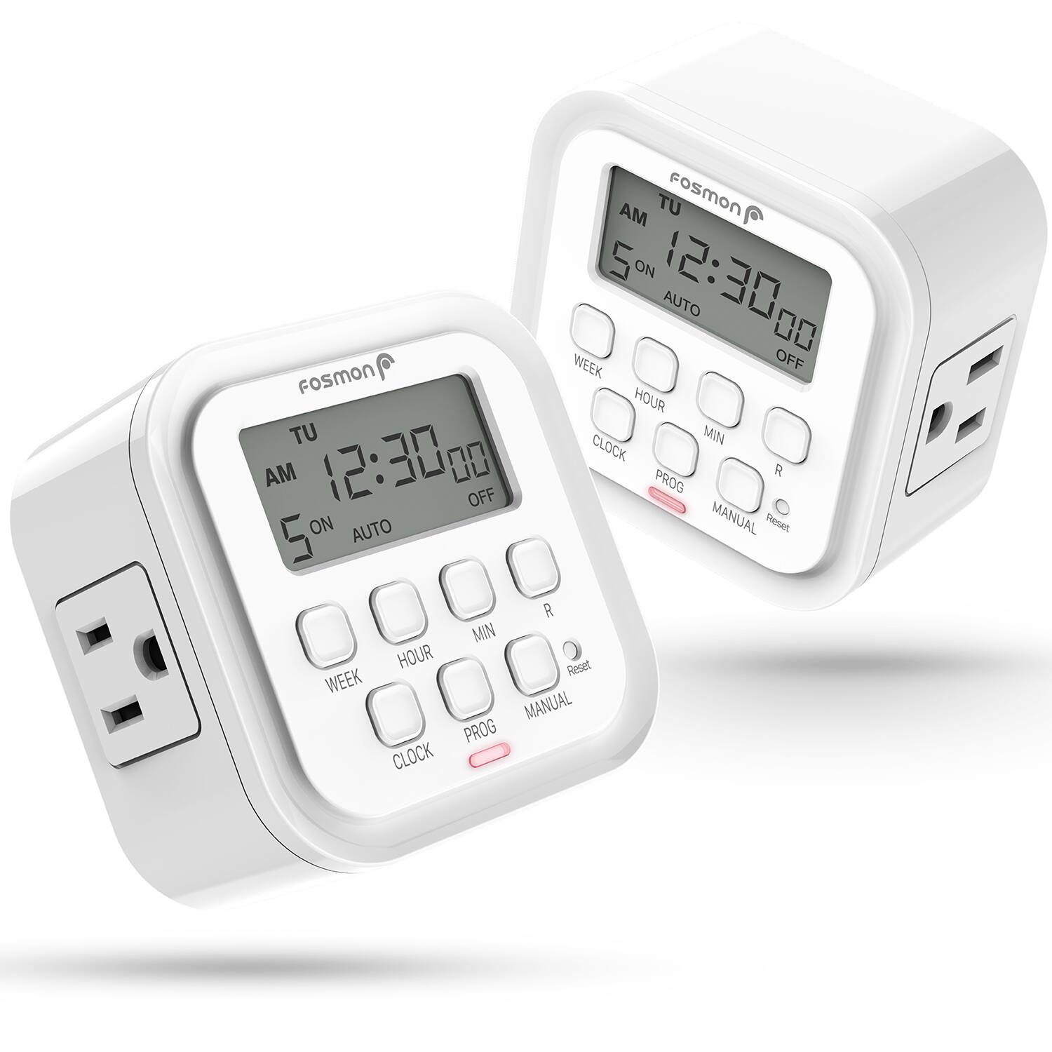 Fosmon - 2x 7 Day Programmable Digital Timer For Outlet, [ETL Listed] Timer Outlet For Electrical Indoor, Timer for Lamps, 15A - White