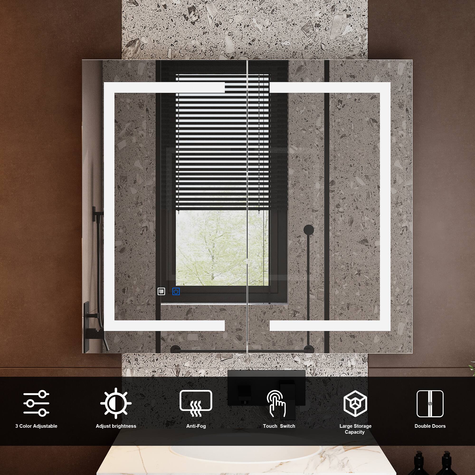 3 Color Adjustable  
Adjust brightness  
Anti-Fog  
Touch Switch  
Large Storage Capacity  
Double Doors