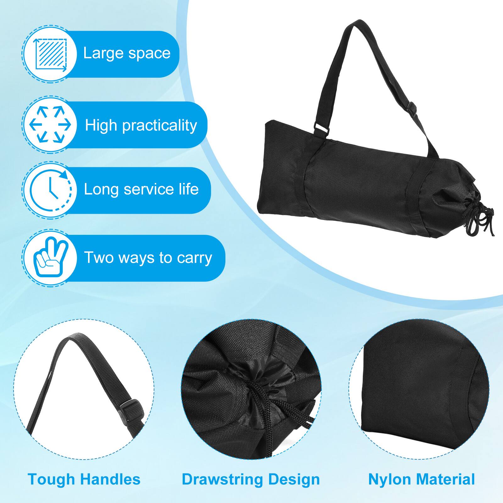 - Large space
- High practicality
- Long service life
- Two ways to carry
- Tough Handles
- Drawstring Design
- Nylon Material