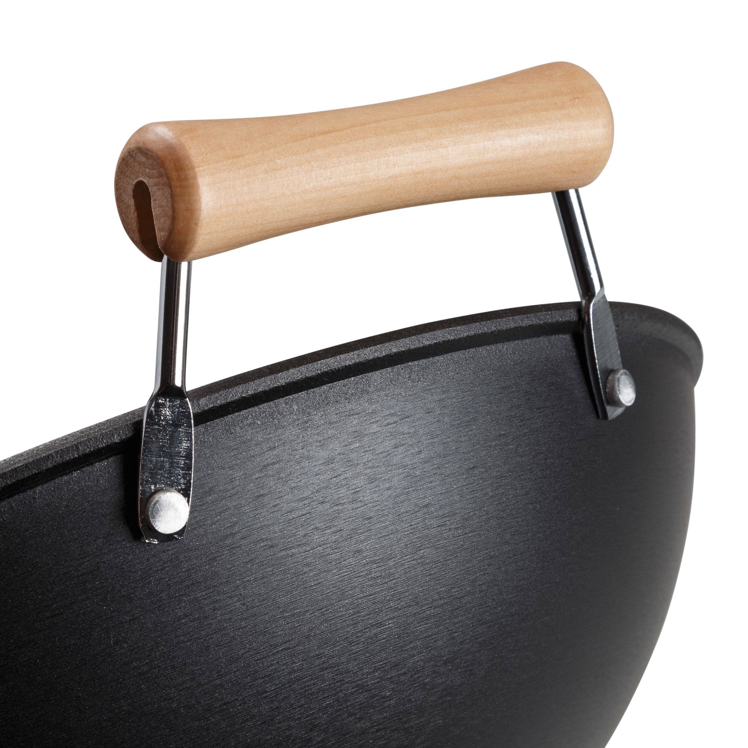 Left. Escali - Joyce Chen Professional Series 14-Inch Preseasoned Cast Iron Flat Bottom Wok with Maple Handle - Black.