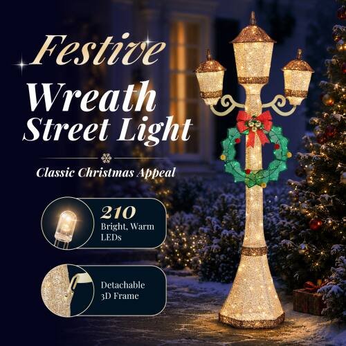 Festive Wreath Street Light Classic Christmas Appeal

210 Bright, Warm LEDs

Detachable 3D Frame