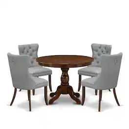 East West Furniture - 5 Piece Dining Room Furniture Set Contains a Round Solid Wood Table - Antique Walnut