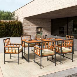 Mondawe - 7 Pieces Patio Acacia Wood Dining Set with Soft Cushions and Umbrella Hole - Natural
