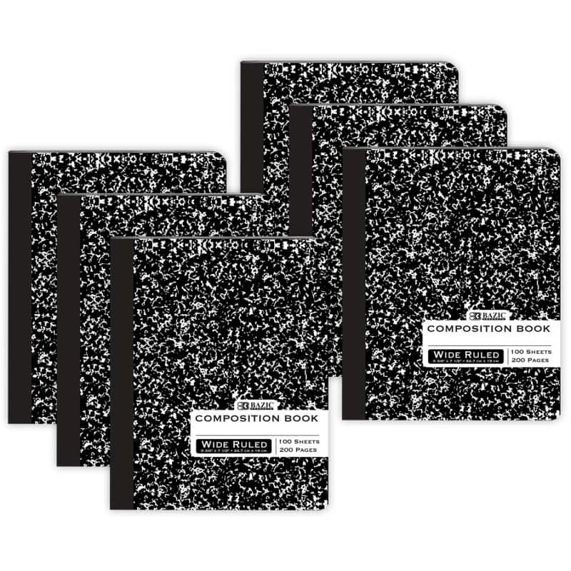 BAZIC Products - Composition Book, Wide Ruled, Black Marble, 100 Sheets, Pack of 6 - 9-3/4" x 7-1/2"