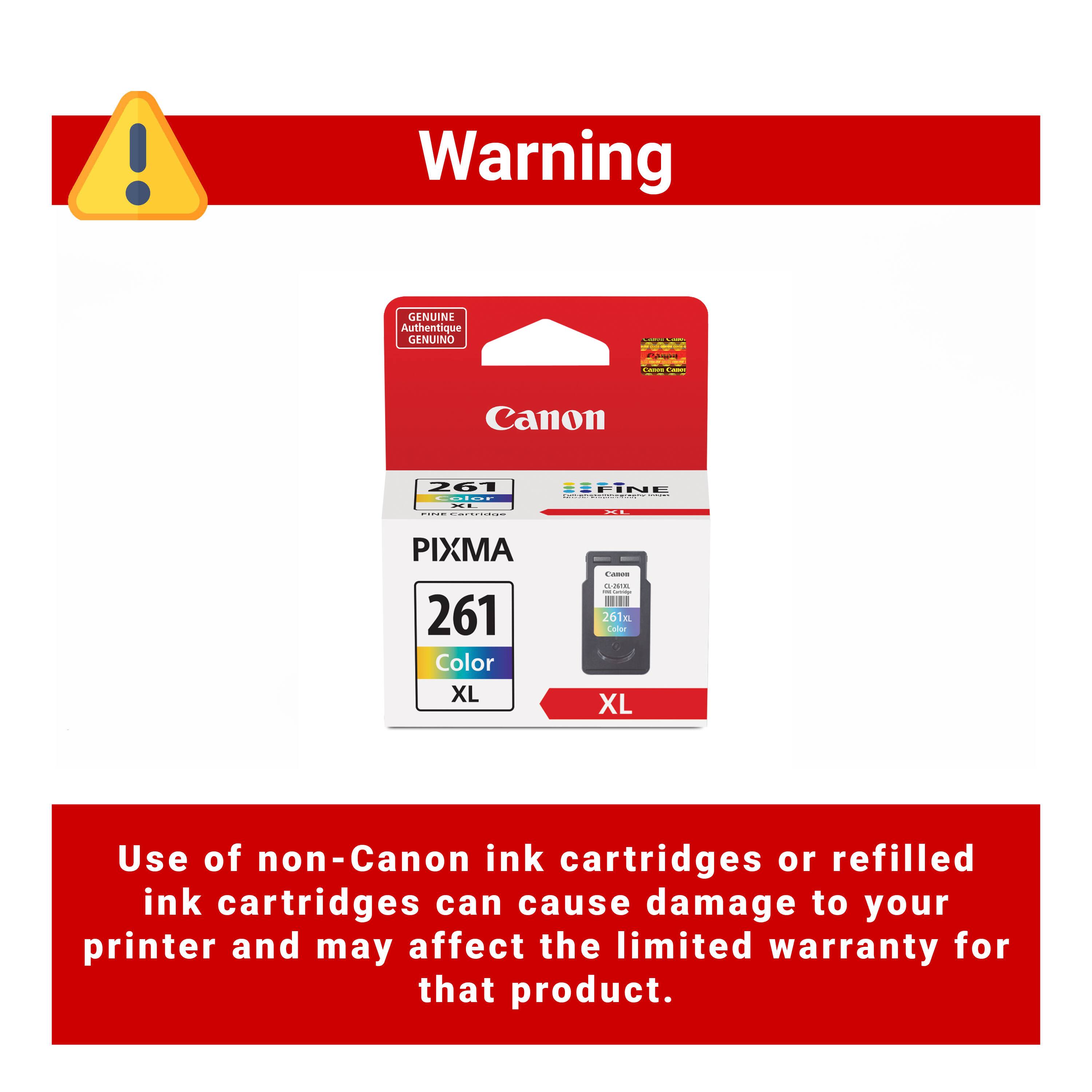 Warning: Genuine Authentique Canon 261 Color XL PIXMA 261XL ink cartridges are required for optimal performance and to maintain the limited warranty for the product. Use of non-Canon ink cartridges or refilled ink cartridges can cause damage to your printer and may affect the limited warranty for that product.