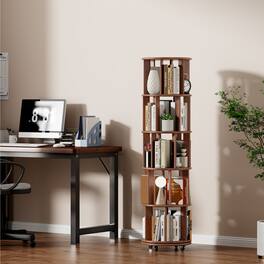 HTUTWOO - 5-Tier Solid Wood 360° Rotating Bookshelf on Wheels, Narrow Space-Saving Revolving Bookcase for Bedroom Office Corner - Brown