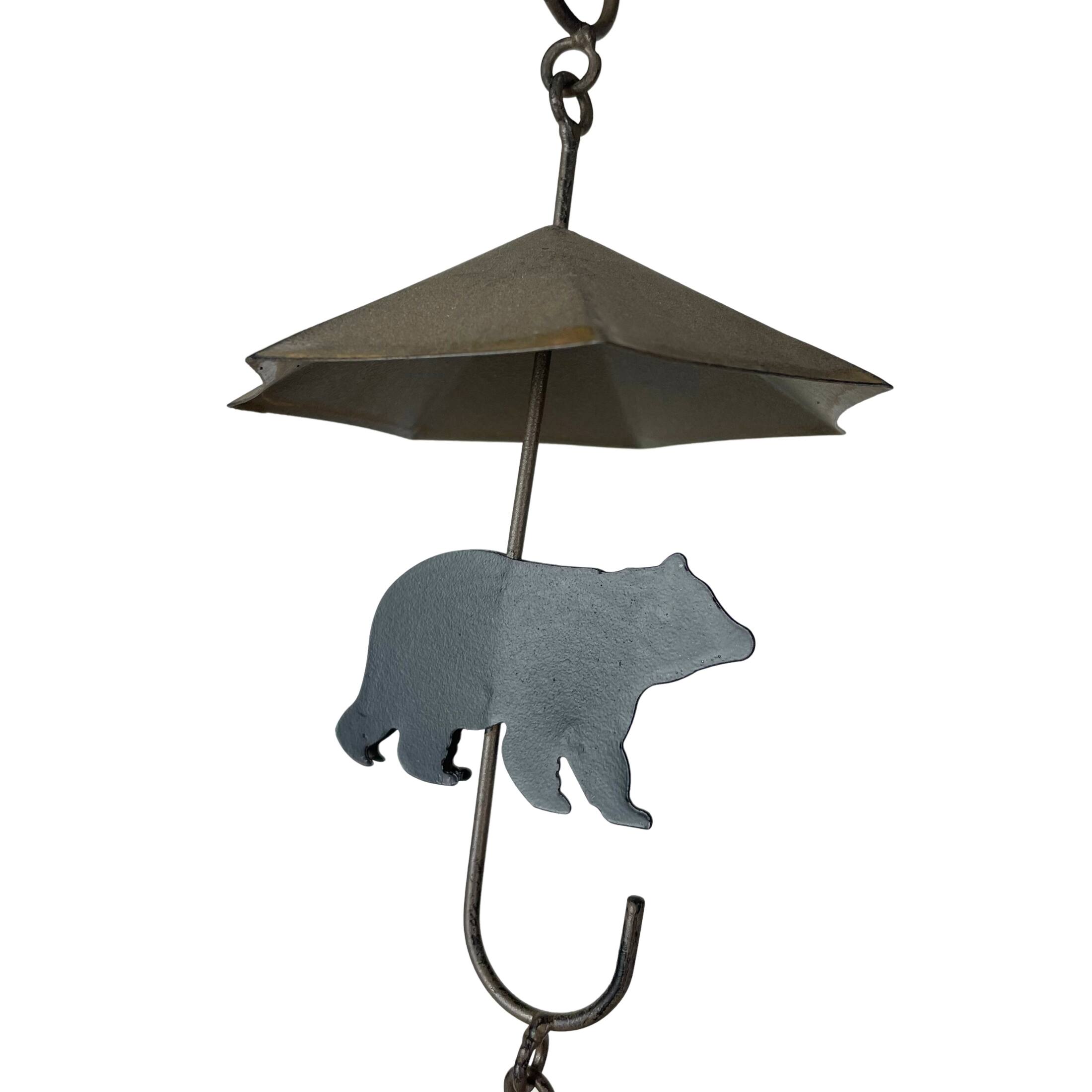 Alt View 2. Things2Die4 - Rustic Black Bear & Umbrella Rain Chain - 75" Long Distressed Copper Finish - Brown.