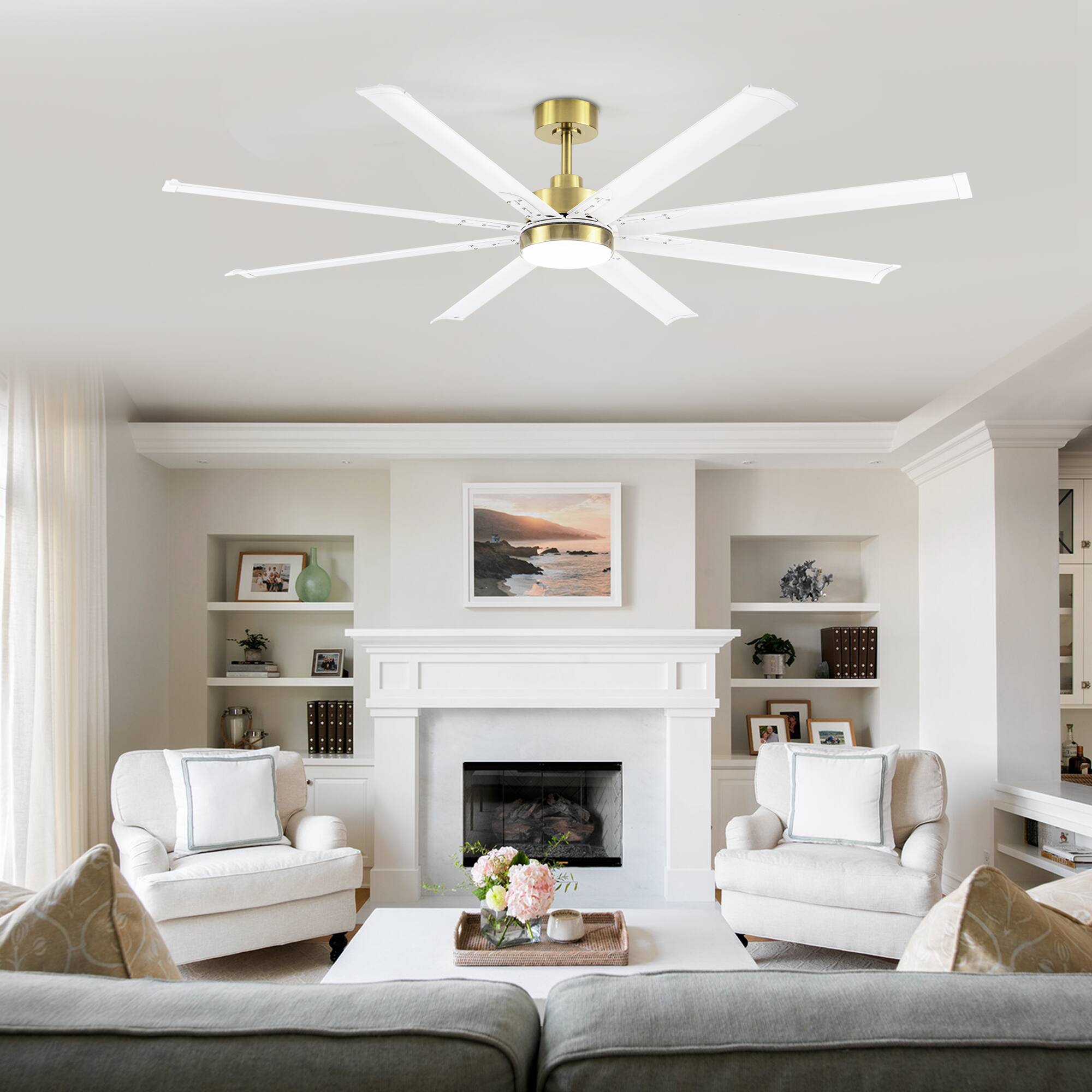 Alt View 1. Breezary - 72-In Large Ceiling Fan with 8 Aluminum Blades, DC Motor, 6-Speed Remote with Timer, 2 Downrods, Light/No Light Option - Gold and White (With Light).