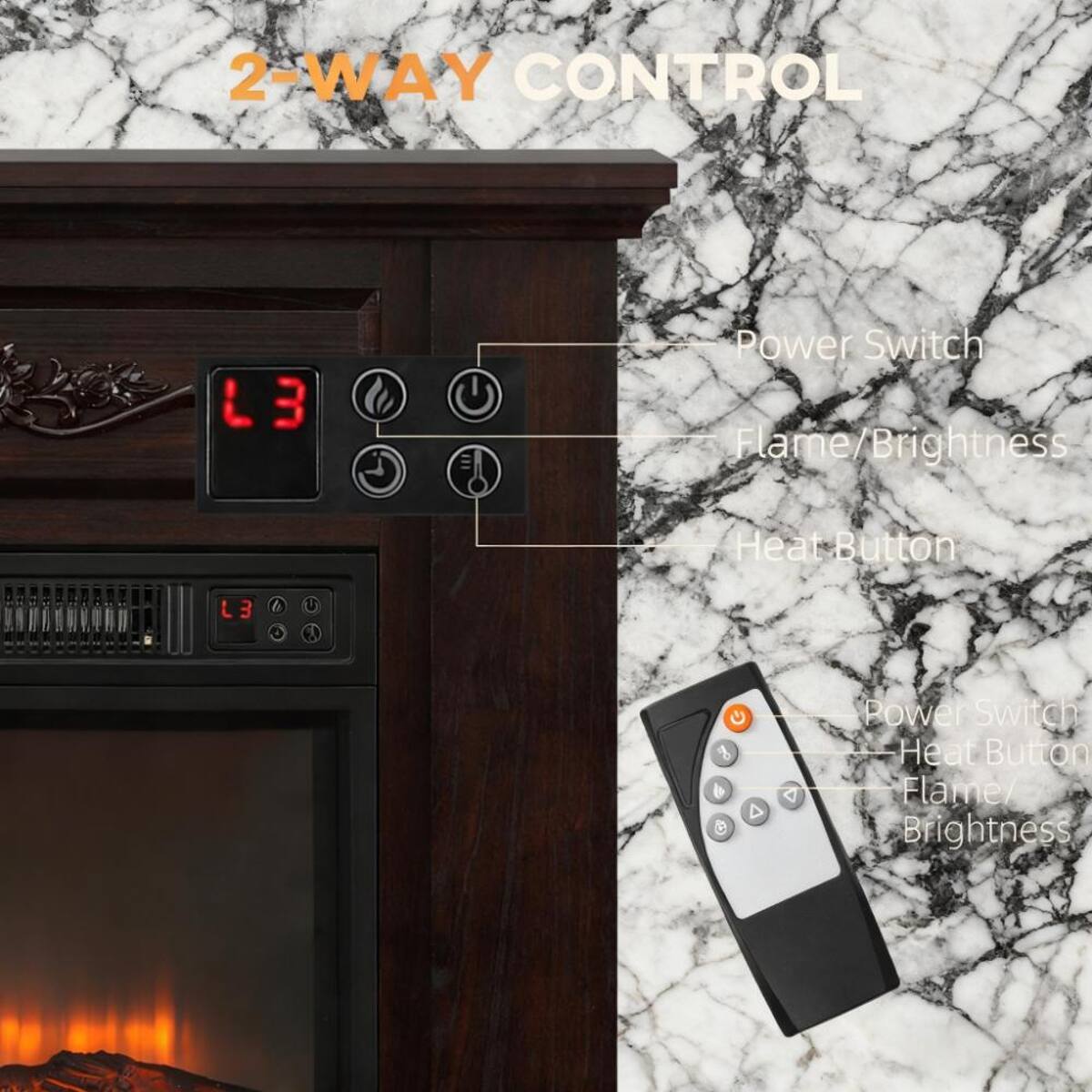 2-WAY CONTROL

Power Switch
Flame/Brightness
Heat Button

L3

Power Switch
Heat Button
Flame/Brightness