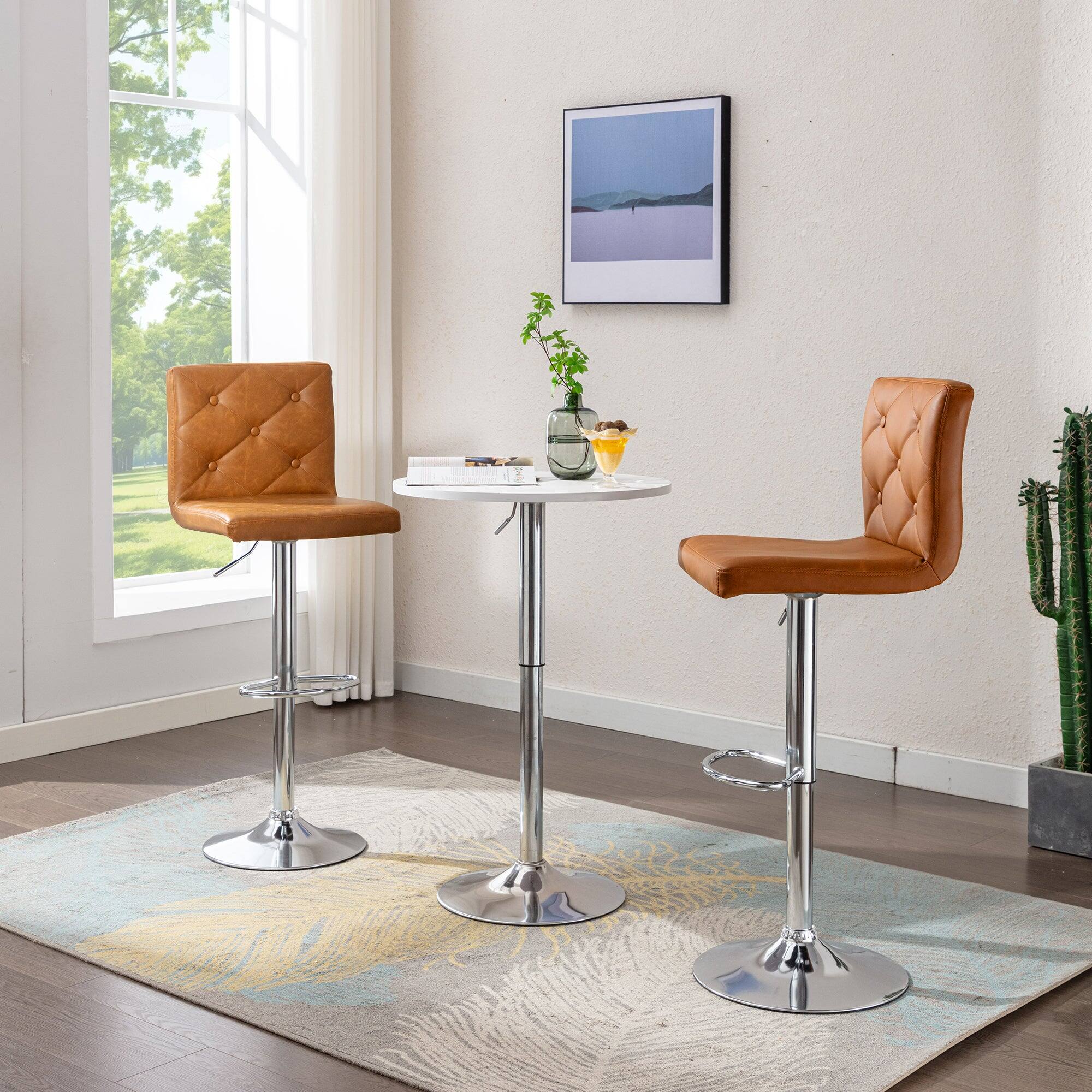 Alt View 1. Vecelo - Set of 2 Bar Stools - PU Leather Adjustable Bar Stools with Back,360 Degree Swivel Stools - Brown.