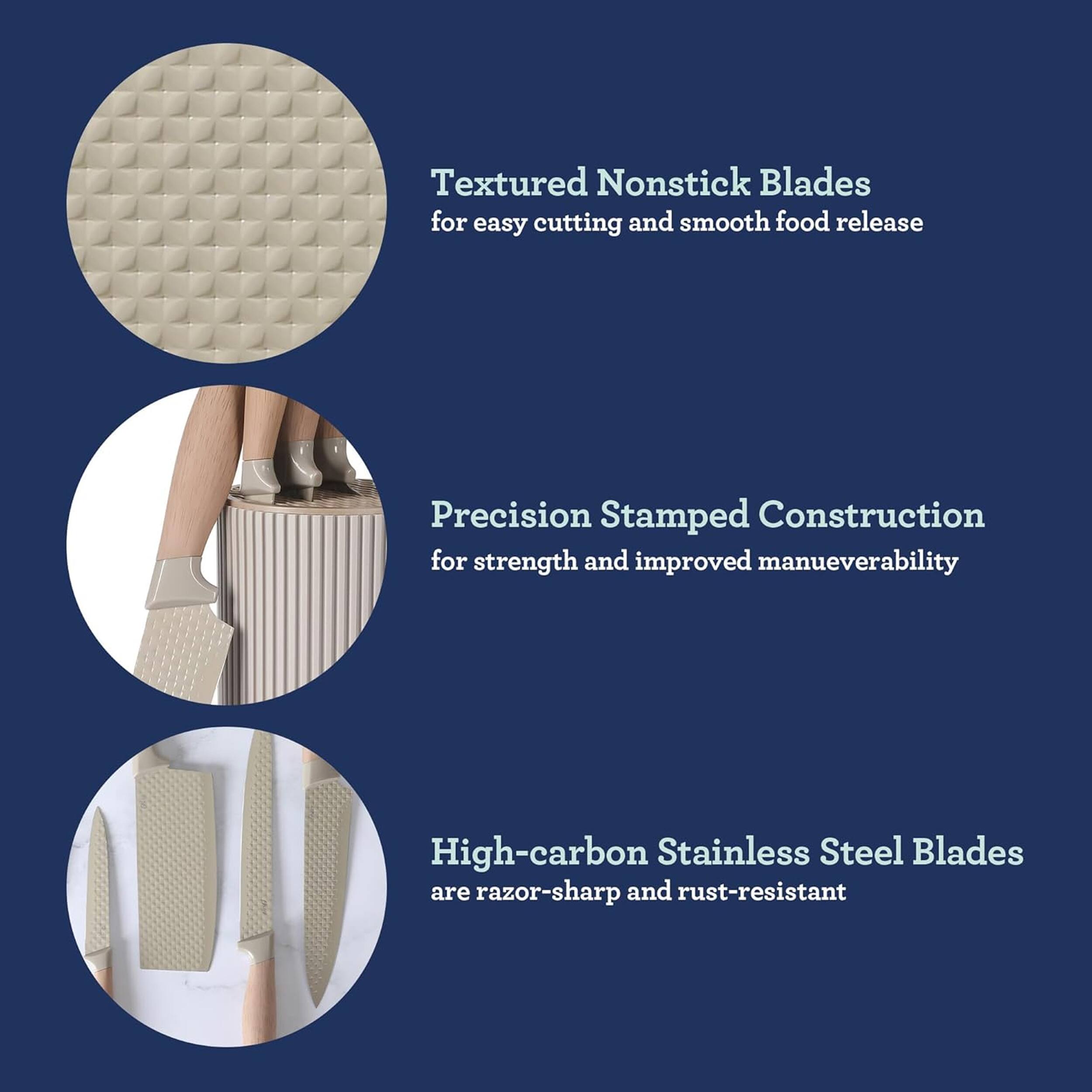 Textured Nonstick Blades for easy cutting and smooth food release  
Precision Stamped Construction for strength and improved maneuverability  
High-carbon Stainless Steel Blades are razor-sharp and rust-resistant