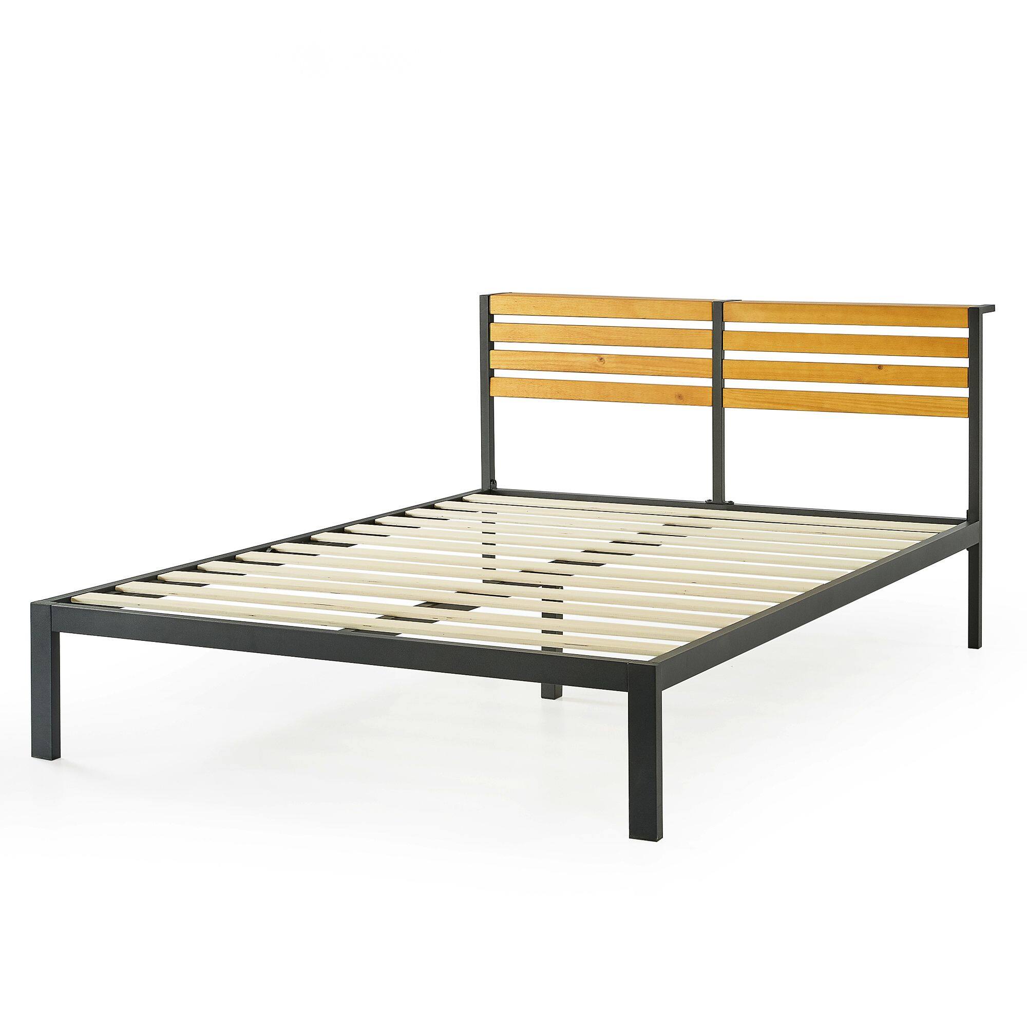 Front. Mellow - Mellow KASI Metal & Wood Platform Bed Frame with Built-In Headboard Shelf, King - Pine.