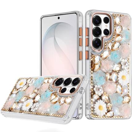 Front. Kitcheniva - 3D Floral Rhinestone Jewel Case With Tempered Glass For Samsung S26 Ultra Gold - Gold.