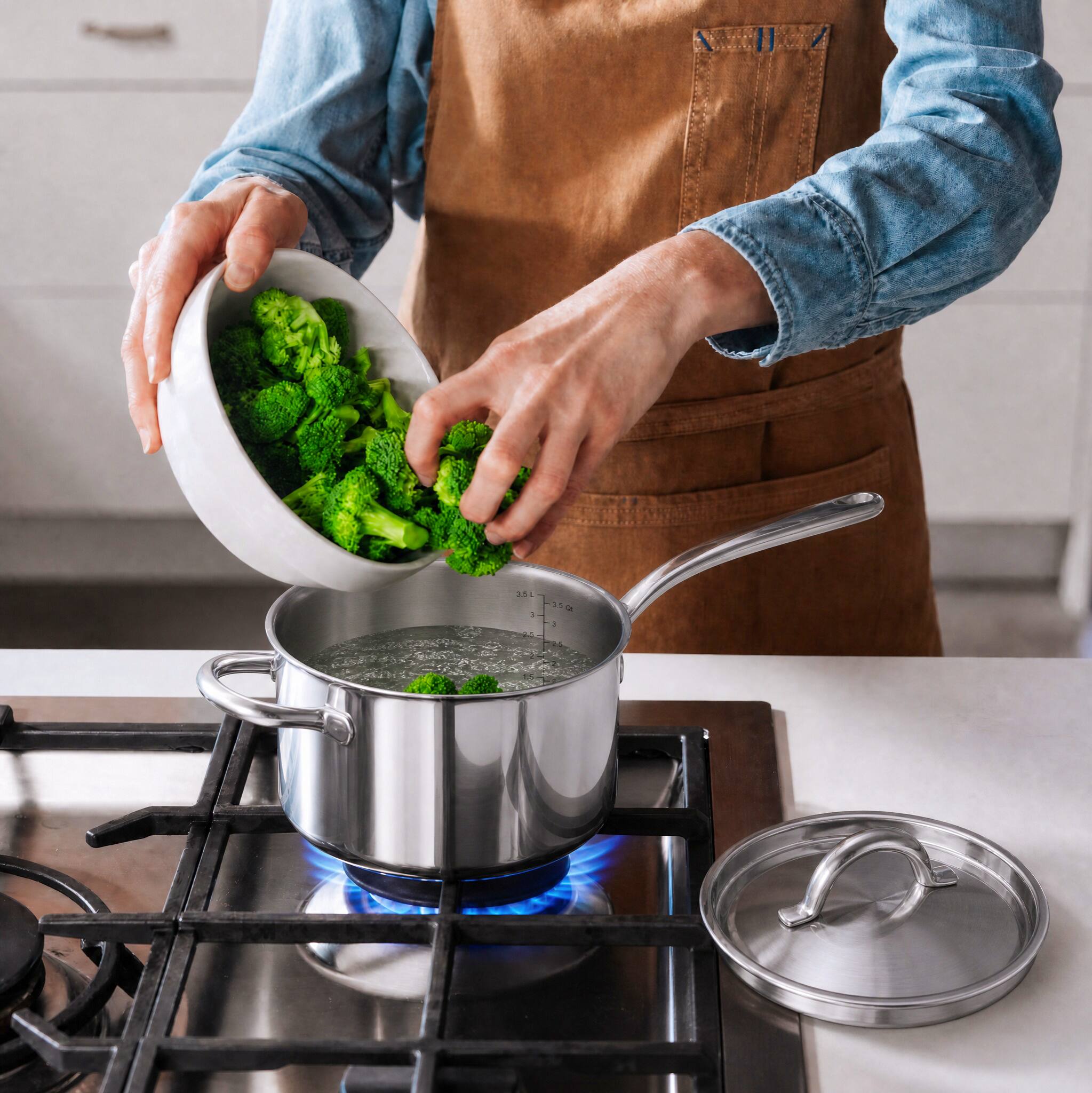Angle. Fortune Candy - 3.5 Qt Stainless Steel Sauce Pan with Lid, 304 Stainless Steel Cooking Pot, Gas & Electric Stovetop Compatible - Silver.