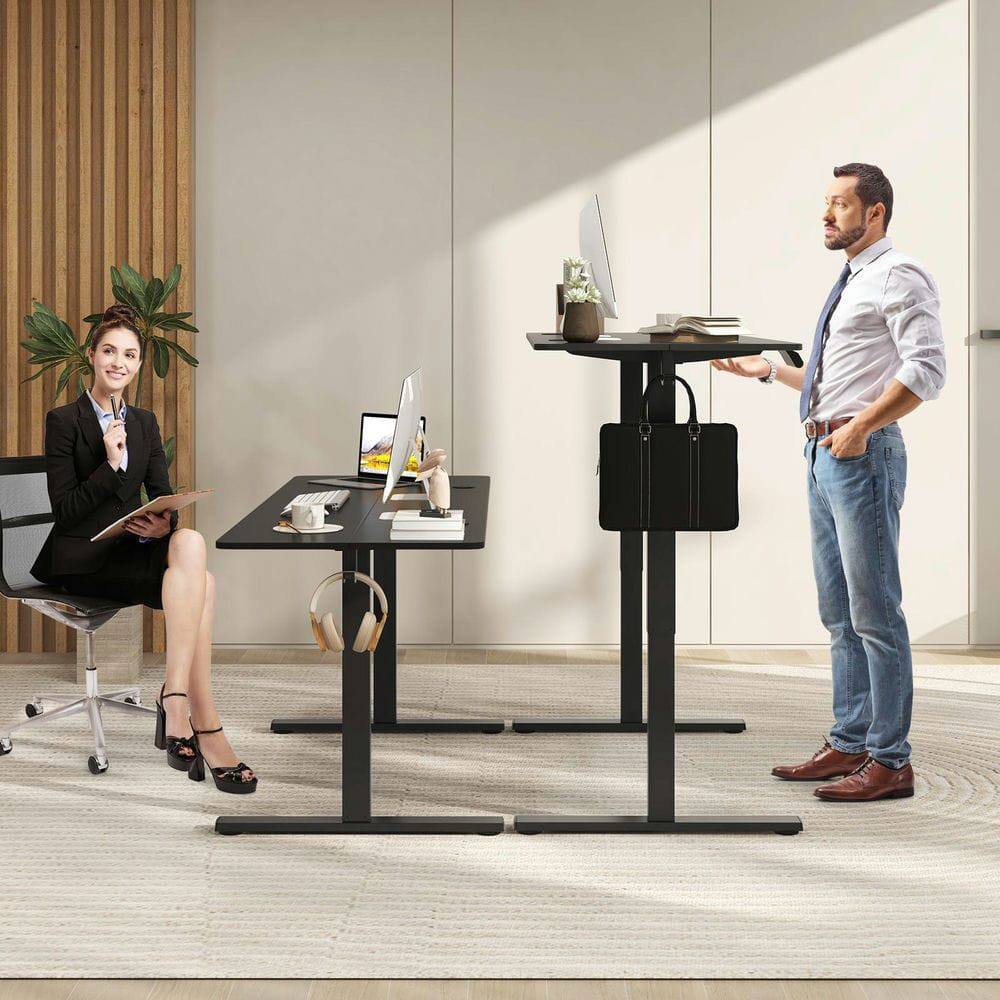 Back. Kadyn - Electric Standing Desk - 3 Memory Heights, 2 Hanging Hooks, Cable Holes, Black - Black.