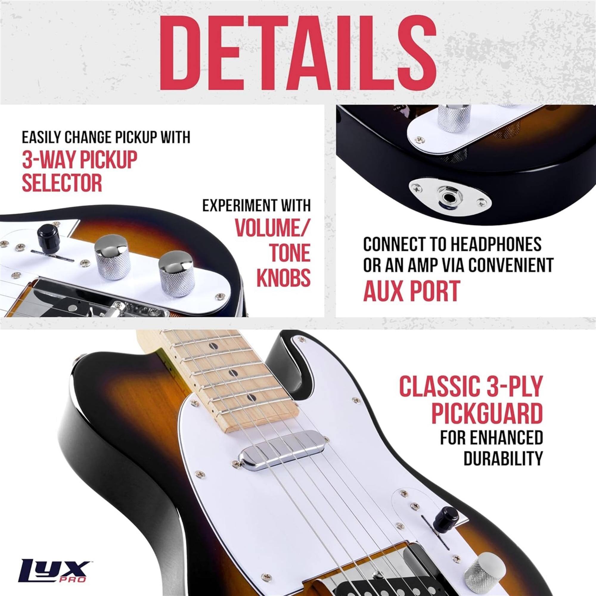 DETAILS

EASILY CHANGE PICKUP WITH 3-WAY PICKUP SELECTOR
EXPERIMENT WITH VOLUME/ TONE KNOBS
CONNECT TO HEADPHONES OR AN AMP VIA CONVENIENT AUX PORT
CLASSIC 3-PLY PICKGUARD FOR ENHANCED DURABILITY
1YX PRO