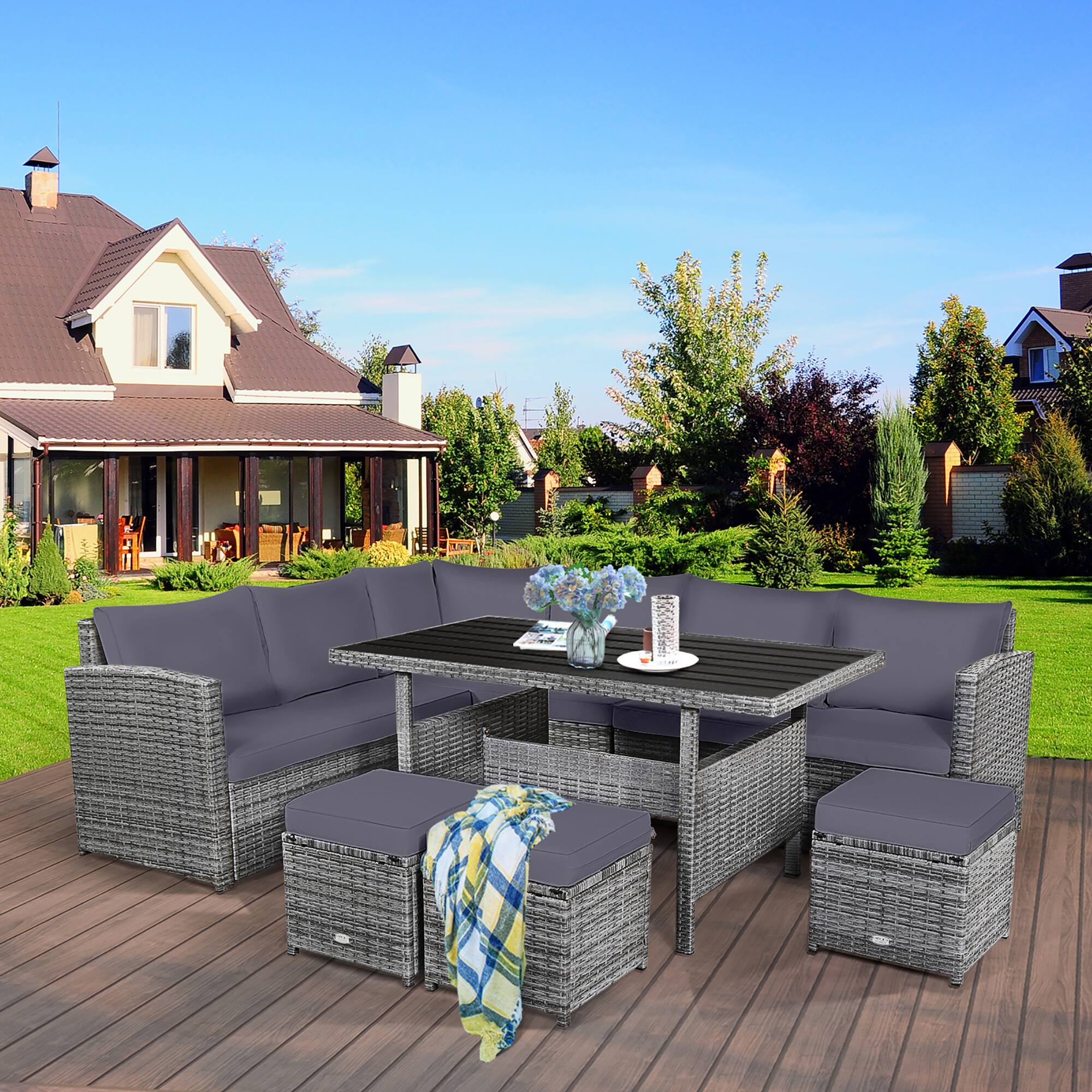 Alt View 4. Costway - 7 PCS Patio Rattan Dining Set Sectional Sofa Couch Ottoman Garden - Gray.
