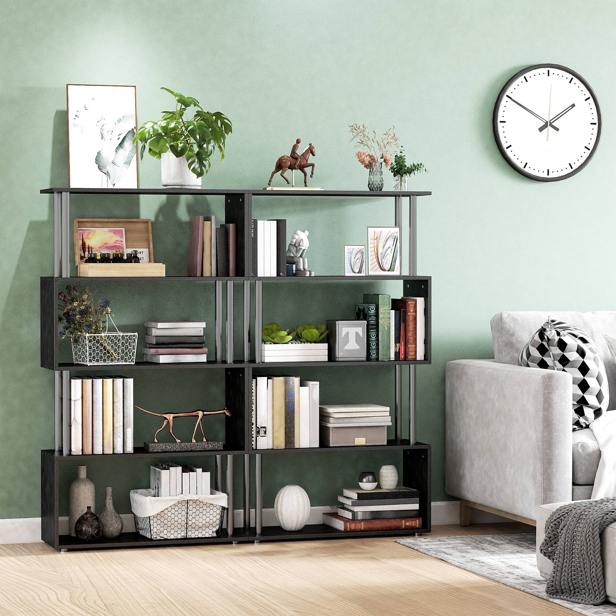 Alt View 3. Homcom - Modern S-Shaped 5 Tier Room Dividing Bookcase Wooden Storage Display Stand Shelf - Black.