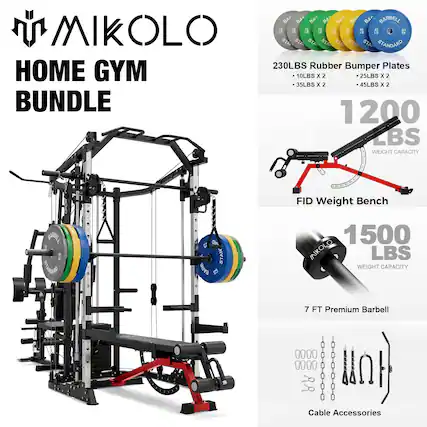 MIKOLLO HOME GYM BUNDLE
230LBS Rubber Bumper Plates
- 10LBS x 2
- 25LBS x 2
- 35LBS x 2
- 45LBS x 2
1200 LBS WEIGHT CAPACITY FID Weight Bench
1500 LBS WEIGHT CAPACITY 7 FT Premium Barbell
Cable Accessories