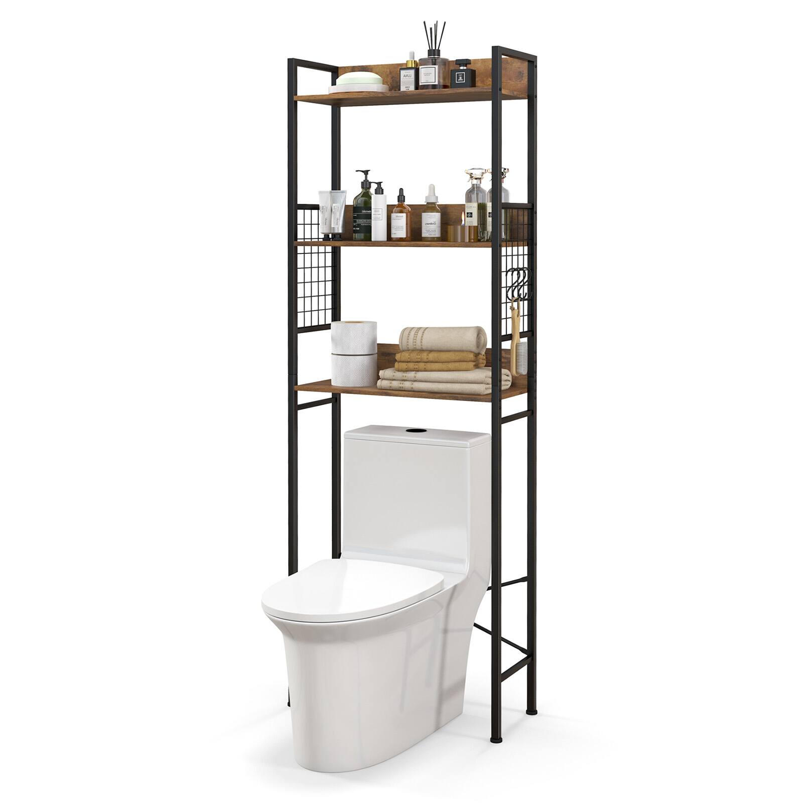 Back. SlickBlue - Space Saving 3-Tier Over Toilet Storage Shelf with 3 Hooks for Bathroom Essentials - Rustic Brown.