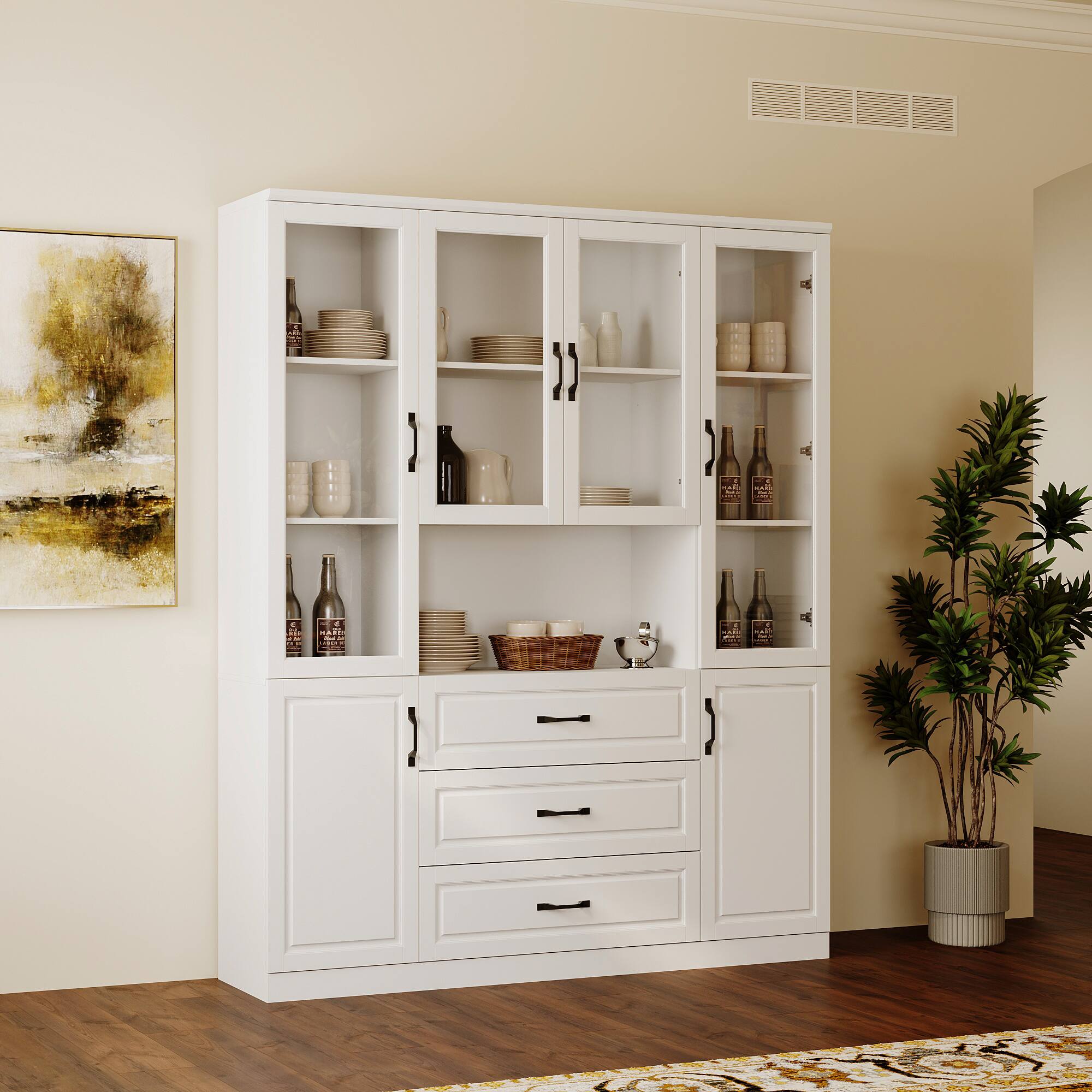 Left. FUFU & GAGA - FUFU&GAGA Tempered Glass-Door Kitchen Pantry: Modular Storage with Hidden Drawers & Open Shelving - White.