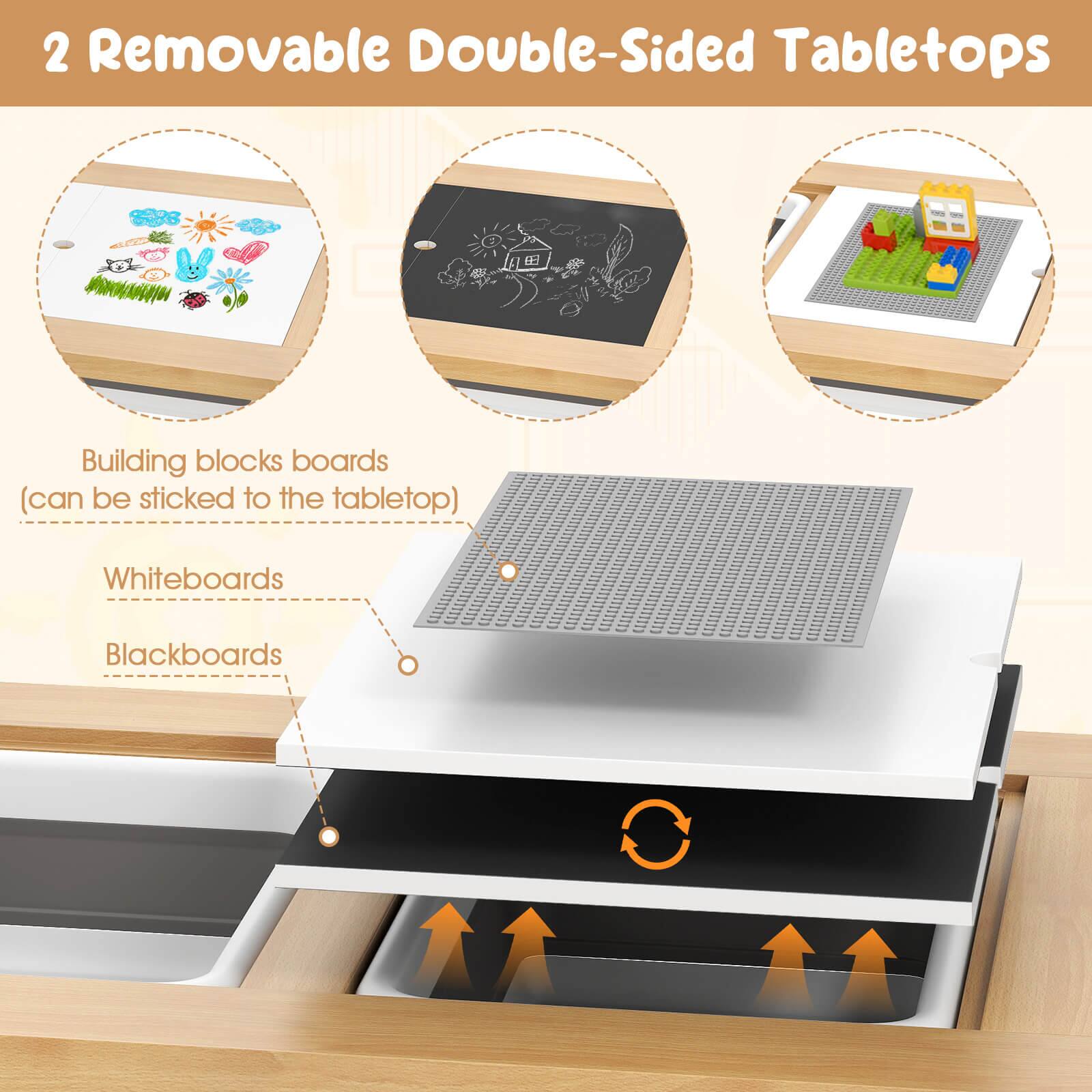2 Removable Double-Sided Tabletops - I Building blocks boards (can be stuck to the tabletop) Whiteboards Blackboards
