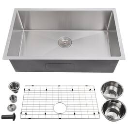 GARVEE - Undermount Single Bowl Kitchen Sink, 16-Gauge Stainless Steel Deep Basin w/Bottom Set & Accessories, 32 Inch - Silver