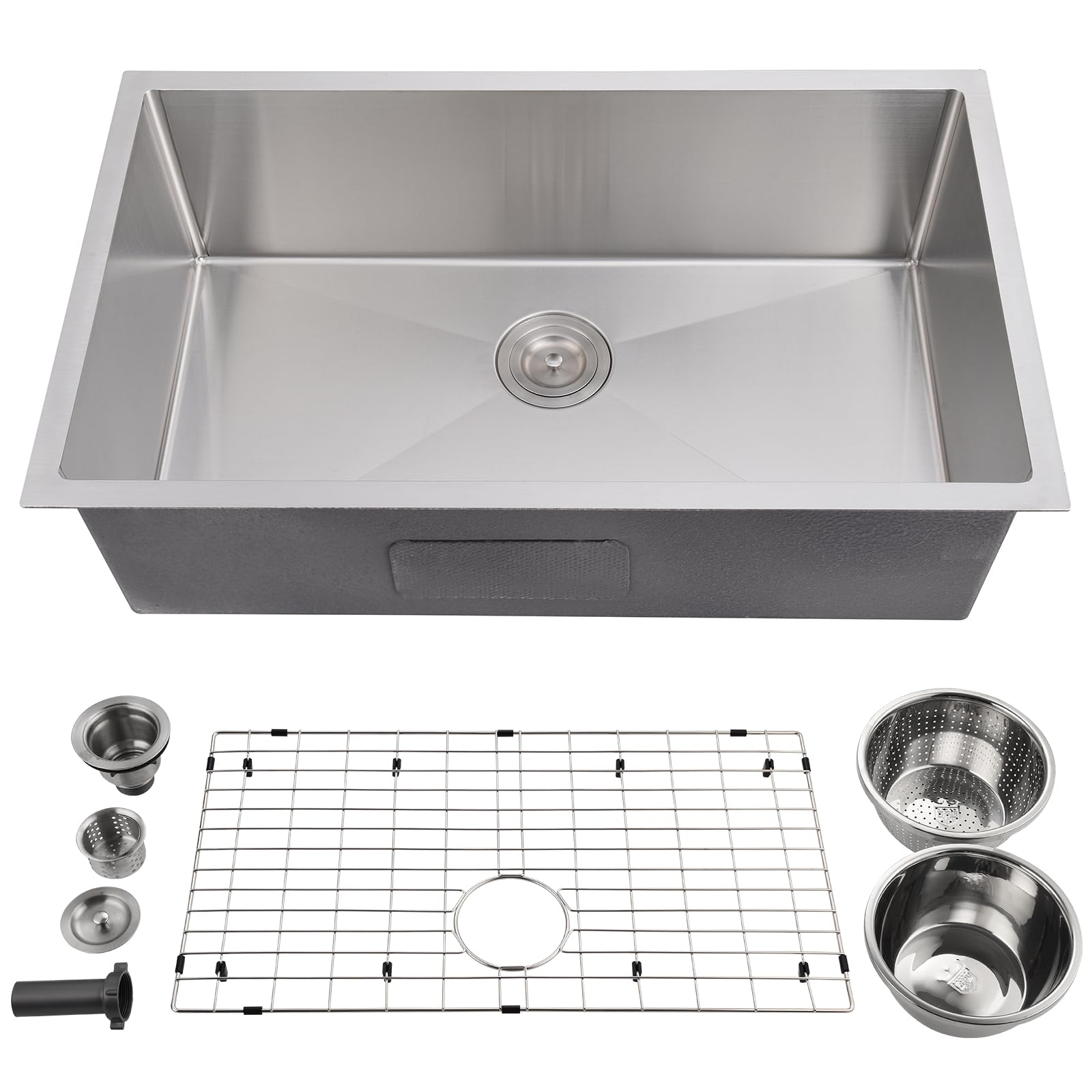 Front. GARVEE - Undermount Single Bowl Kitchen Sink, 16-Gauge Stainless Steel Deep Basin w/Bottom Set & Accessories, 32 Inch - Silver.