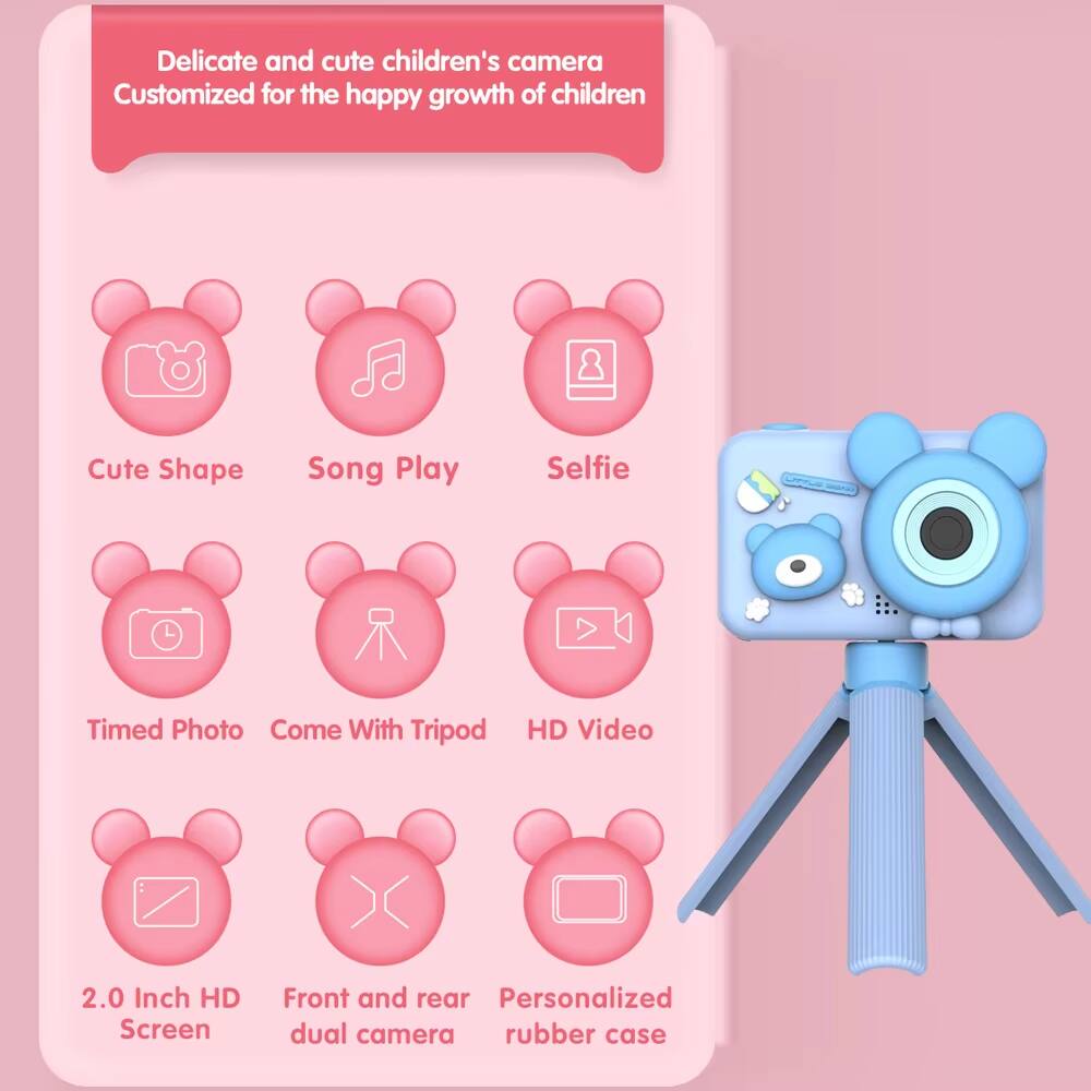 Delicate and cute children's camera  
Customized for the happy growth of children  

- Cute Shape  
- Song Play  
- Selfie  
- Timed Photo  
- Come With Tripod  
- HD Video  
- 2.0 Inch HD Screen  
- Front and rear dual camera  
- Personalized rubber case
