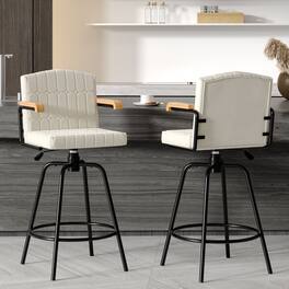 Vecelo - Set of 2 Swivel Bar Stools with Adjustable Height - Flocking Upholstered Counter Height Stools with Footrest - Beige