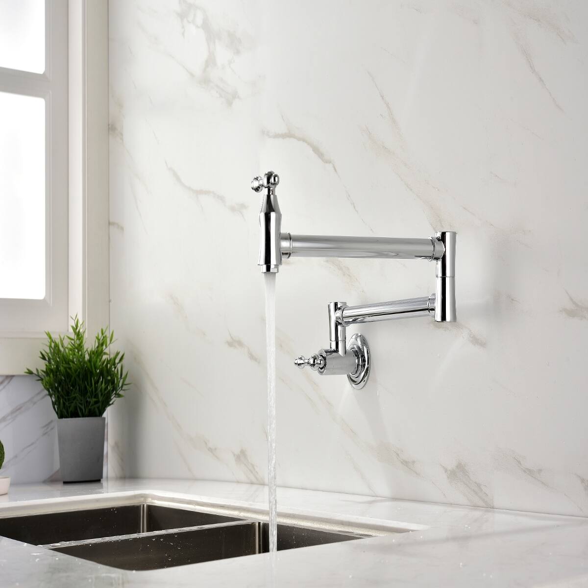 Alt View 1. Ropilly - Ropilly Wall Mount Pot Filler Faucet Chrome Brass Double Handle Swivel Arm Kitchen Faucet - Chrome.