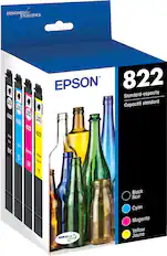 Designed for excellence EPSON 822 Standard-capacity PUOS standard APO Capacit PUSE APPOEZ PUSY 822 PPOEZ PUSH 822 POE 822 Back 822 Nir Dran BK Maggata C Yellcow M Joune Y DURABrite Ultra INK Black Noir Cyan Magenta Yellow Jaune