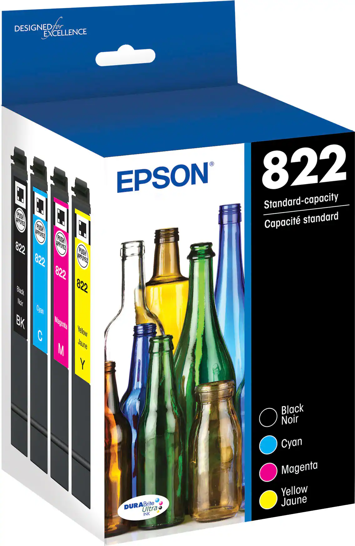 Designed for excellence EPSON 822 Standard-capacity PUOS standard APO Capacit PUSE APPOEZ PUSY 822 PPOEZ PUSH 822 POE 822 Back 822 Nir Dran BK Maggata C Yellcow M Joune Y DURABrite Ultra INK Black Noir Cyan Magenta Yellow Jaune