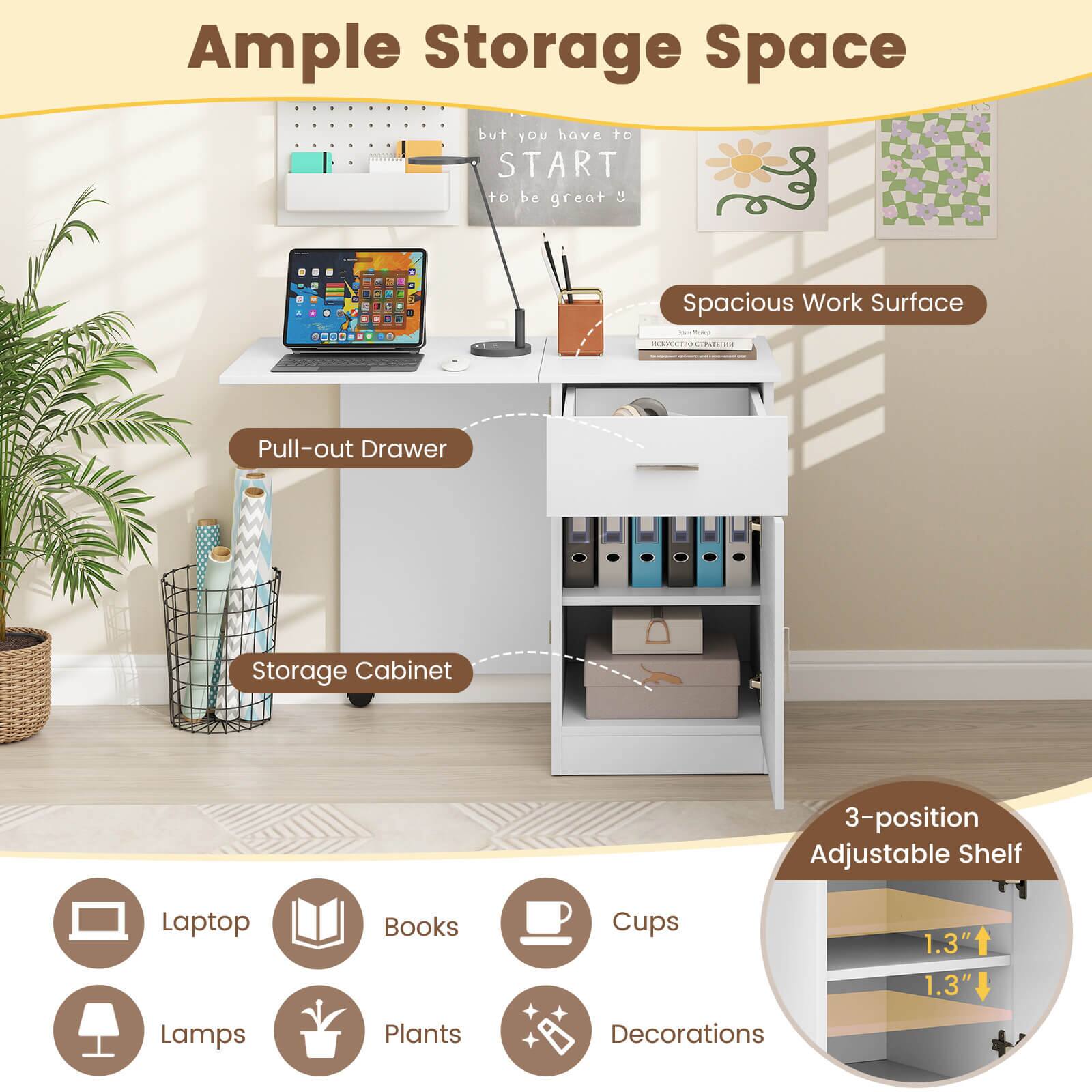 Ample Storage Space: Spacious Work Surface - Pull-out Drawer Storage Cabinet 3-position Adjustable Shelf Laptop Books Cups 1.3" Lamps Plants Decorations