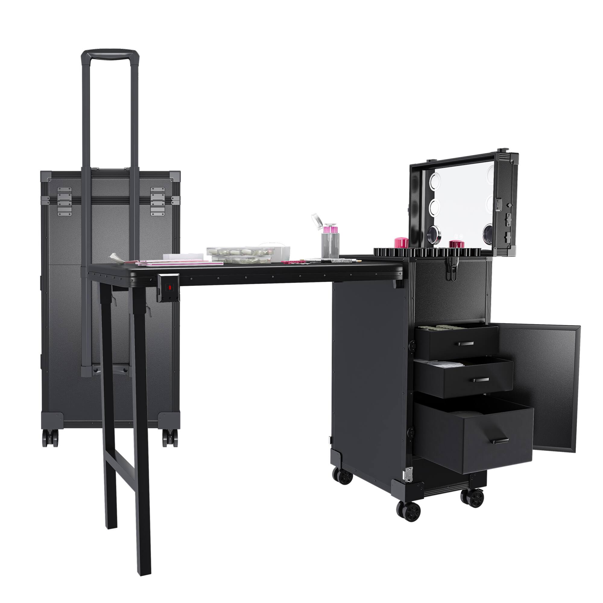 Left. GOODSILO - Professional Folding Nail Art Table with LED Mirror Bluetooth Speaker Lockable Drawers Telescopic Pole Salon Station - Black.