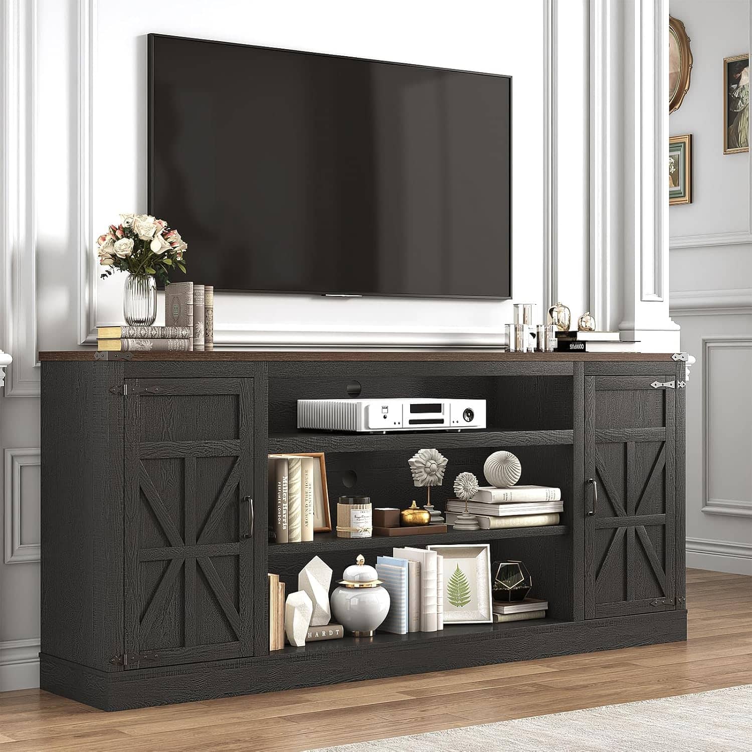 Espafurni - 75" Farmhouse TV Stand w/Power Outlet, 33"H, Adjustable Shelves & Storage – Fits 85" TV - Black