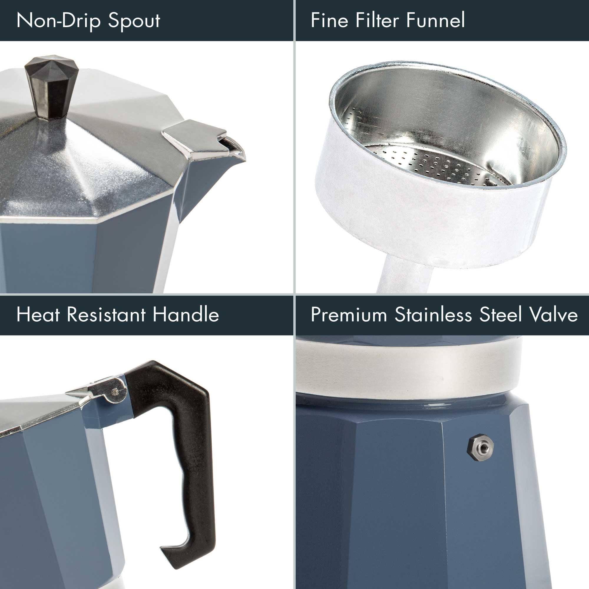 - Non-Drip Spout
- Fine Filter Funnel
- Heat Resistant Handle
- Premium Stainless Steel Valve
