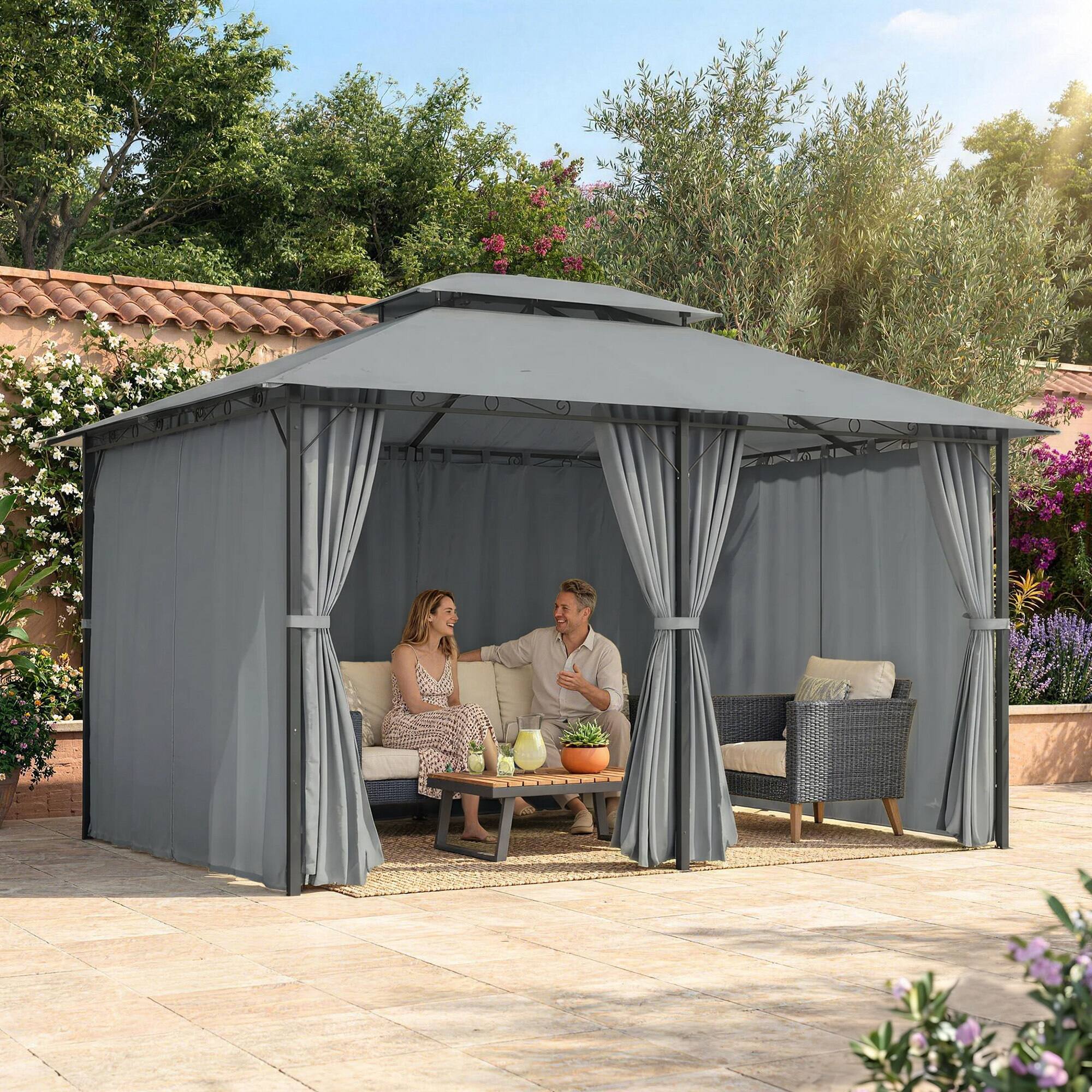 Alt View 6. Outsunny - 10' x 13' Outdoor Soft Top Gazebo Pergola with Curtains, 2-Tier Steel Frame Gazebo for Patio - Sage and Black.