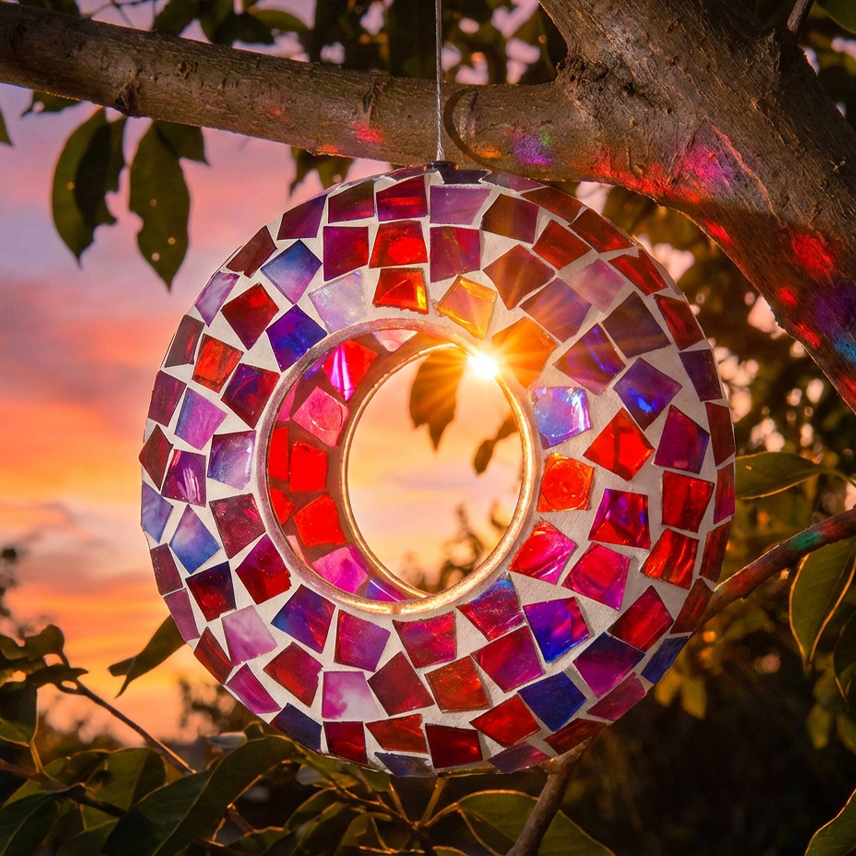 Alt View 1. Sunnydaze - Glass Fly-Through Hanging Bird Feeder - 6 in - Crimson Mosaic.